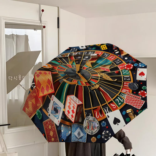 -Themed Poker & Roulette Umbrella with Poker & Card Symbols - Open/Close, 8-Rib Durable Frame, Portable Folding Umbrella for Poker Nights, Parties, Travel - Poker Chip Design Accessory Gift for Men &