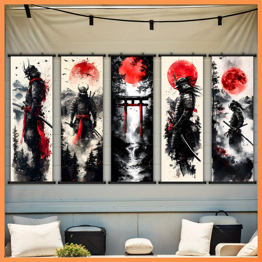 -5pcs Creative Canvas Hanging Scroll Art Set, Samurai Canvas Art, Splash Ink Samurai Landscape Print Canvas Wall Art Set for Bedroom, Office, Dormitory Decoration with Plastic Frame Hooks, Office Decor, Classic Prints, Frame