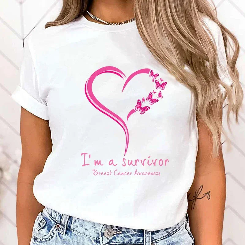 (High Quality Clothes)Breast Cancer Awareness I'M A Survivor Printed T-Shirts Women Short Sleeve Funny Round Neck Tee Shirt
