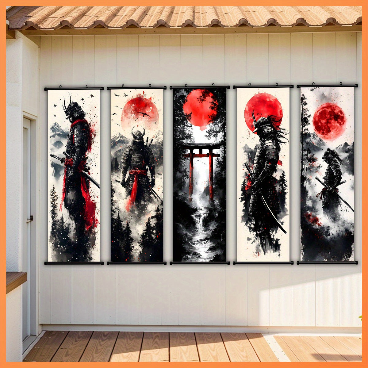 -5pcs Creative Canvas Hanging Scroll Art Set, Samurai Canvas Art, Splash Ink Samurai Landscape Print Canvas Wall Art Set for Bedroom, Office, Dormitory Decoration with Plastic Frame Hooks, Office Decor, Classic Prints, Frame