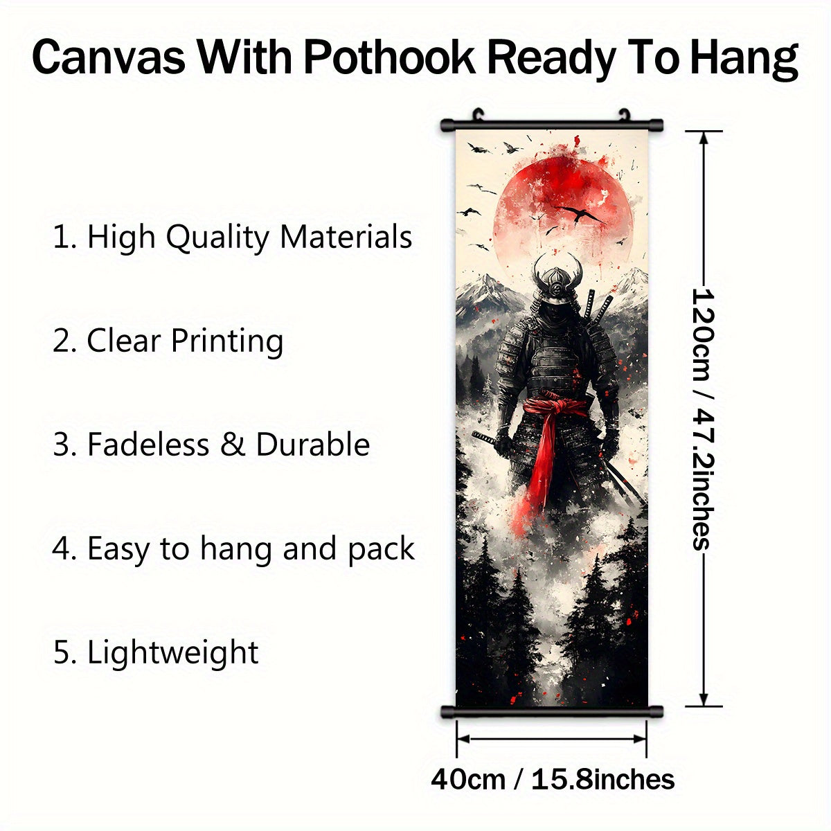 -5pcs Creative Canvas Hanging Scroll Art Set, Samurai Canvas Art, Splash Ink Samurai Landscape Print Canvas Wall Art Set for Bedroom, Office, Dormitory Decoration with Plastic Frame Hooks,  Office Decor, Classic Prints, Frame