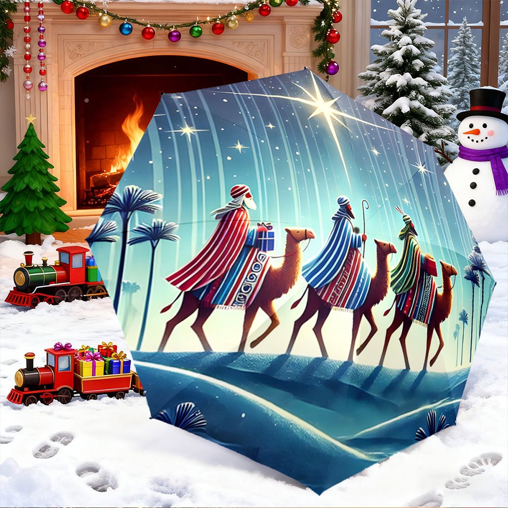 -Designed Folding Umbrella Featuring The Three Wise Men And Camels in a Starry Desert Landscape, Perfect As a Creative Portable Gift for Christmas And Other Festive Occasions.