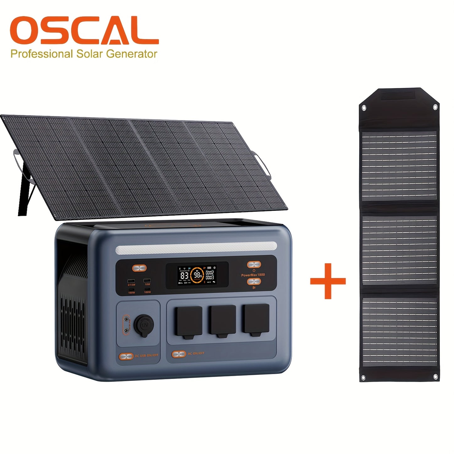 (2025 New) OSCAL Solar Generator with 400W Solar Panel PowerMax 1800, 1024Wh LiFePO4 Battery Generator with 3 AC Outlets (3200W Surge), 700W AC Charging, App Control Power Station for Home Backup, Plus A Bonus 30w Solar Panel