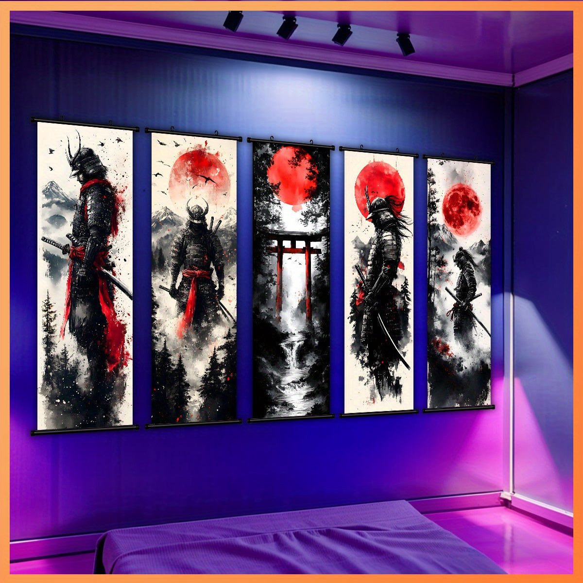 -5pcs Creative Canvas Hanging Scroll Art Set, Samurai Canvas Art, Splash Ink Samurai Landscape Print Canvas Wall Art Set for Bedroom, Office, Dormitory Decoration with Plastic Frame Hooks,  Office Decor, Classic Prints, Frame