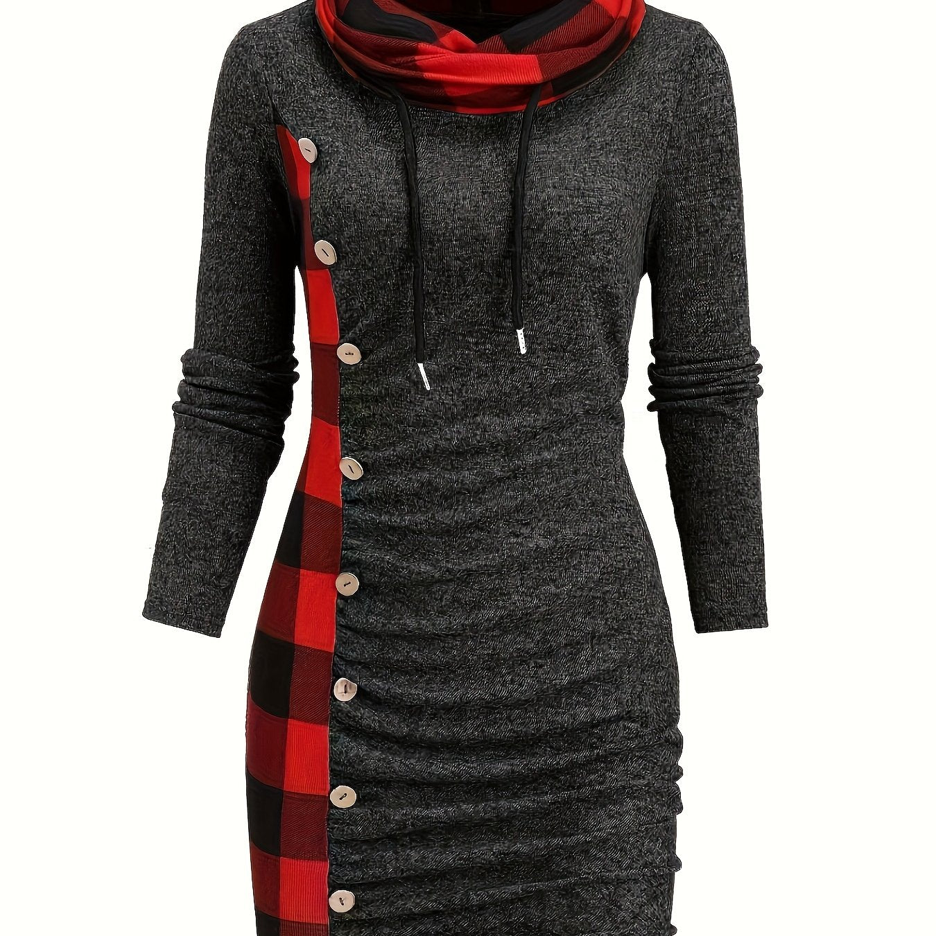-Designed Plaid Patchwork Gathered Long Sleeve Dress