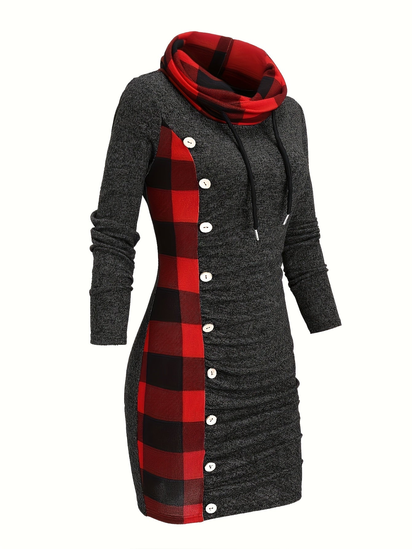 -Designed Plaid Patchwork Gathered Long Sleeve Dress