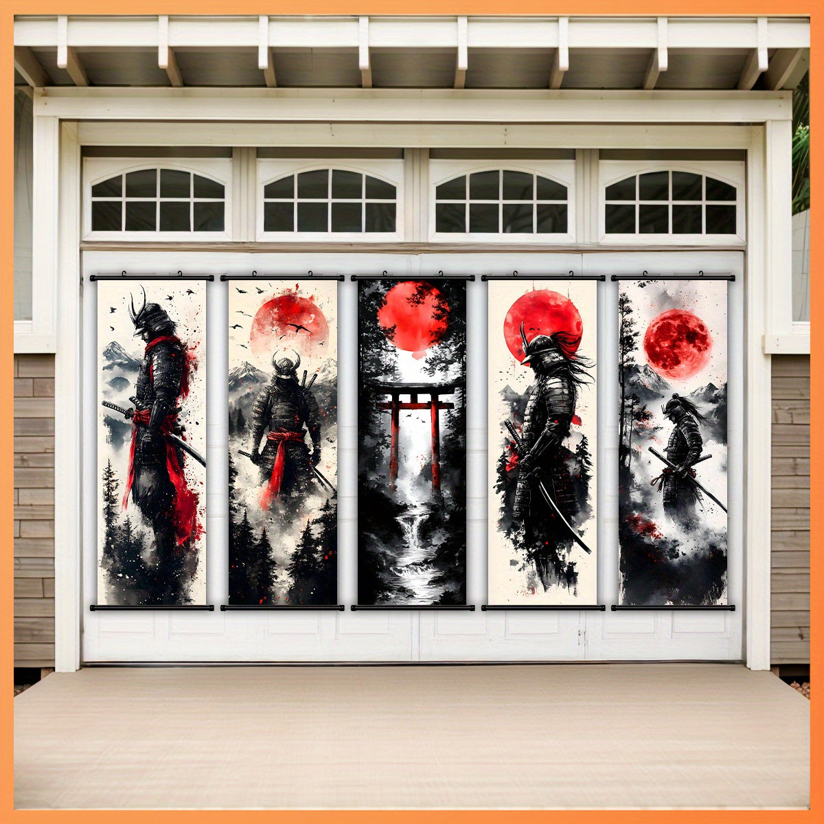 -5pcs Creative Canvas Hanging Scroll Art Set, Samurai Canvas Art, Splash Ink Samurai Landscape Print Canvas Wall Art Set for Bedroom, Office, Dormitory Decoration with Plastic Frame Hooks,  Office Decor, Classic Prints, Frame