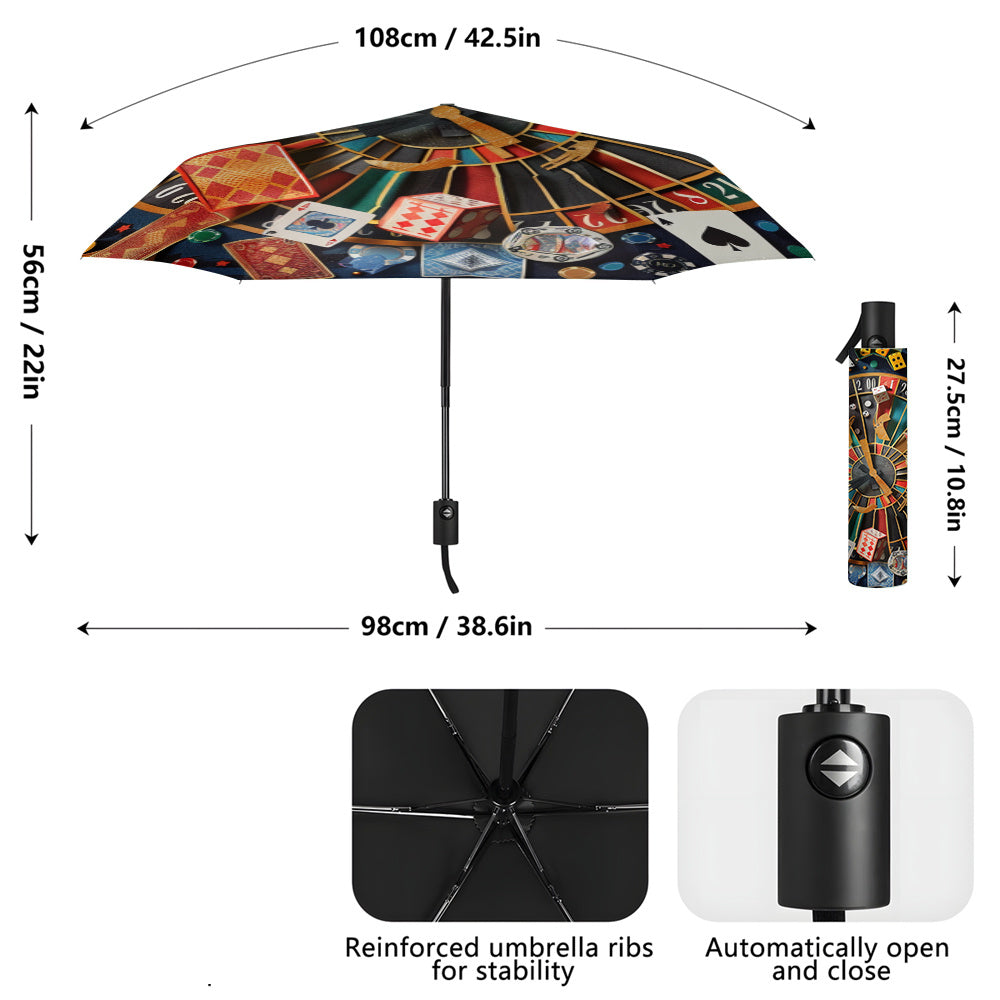 -Themed Poker & Roulette Umbrella with Poker & Card Symbols - Open/Close, 8-Rib Durable Frame, Portable Folding Umbrella for Poker Nights, Parties, Travel - Poker Chip Design  Accessory Gift for Men &