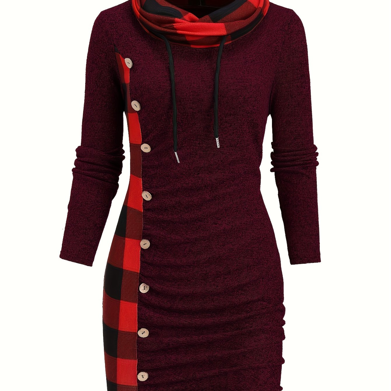 -Designed Plaid Patchwork Gathered Long Sleeve Dress