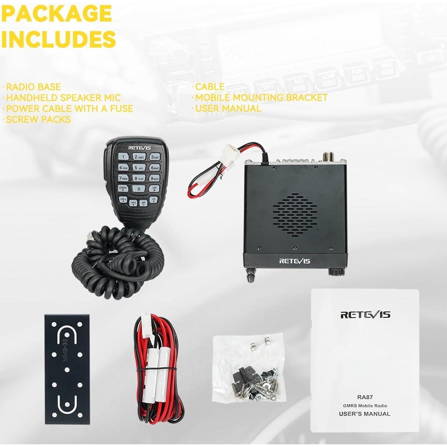 (Black 1Pack)Retevis RA87 GMRS Mobile Radio, 40W Mobile Transceiver Base Station with Cable, 8 Repeater Channels, Chirp, Dual Watch, Long Range Two Way Radio for Off-Road, Emergency Radio, Offroad Communication, Heavyduty Con