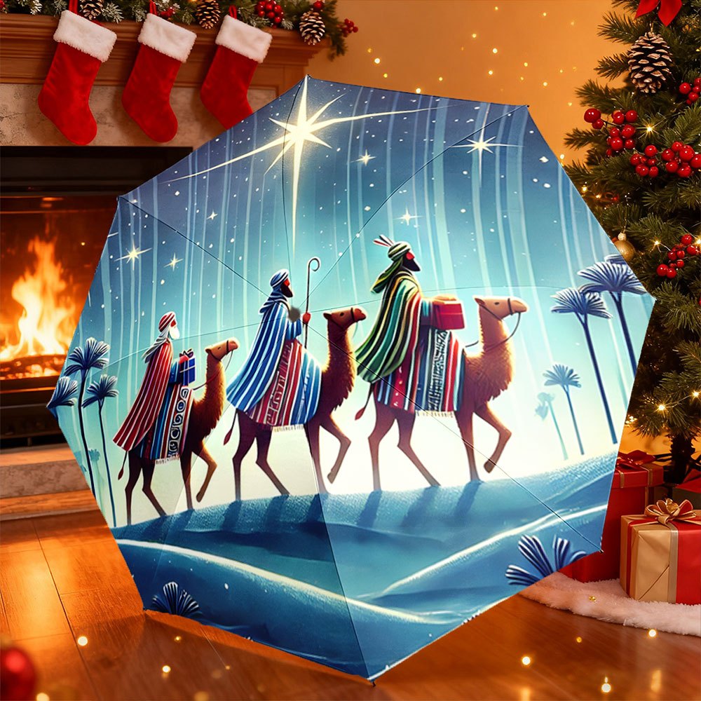 -Designed Folding Umbrella Featuring The Three Wise Men And Camels in a Starry Desert Landscape, Perfect As a Creative Portable Gift for Christmas And Other Festive Occasions.
