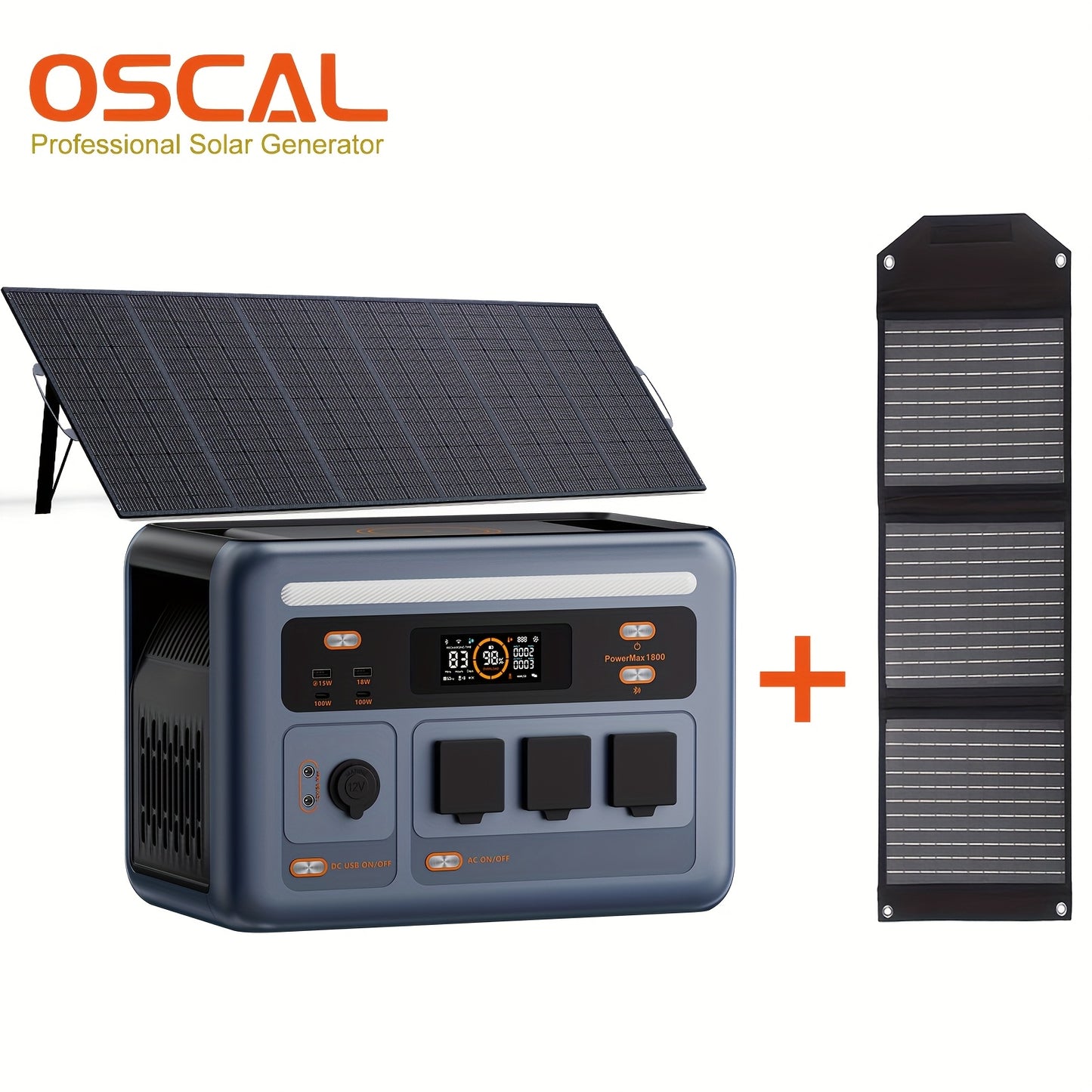 (2025 New)OSCAL 1800 Solar Generator with 500W Solar Panel PowerMax 1800, 1024Wh LiFePO4 Battery Generator with 3 AC Outlets (3200W Surge), 700W AC Charging, APP Control Power Station for Home Backup Plus Bonus 30w Solar Pane