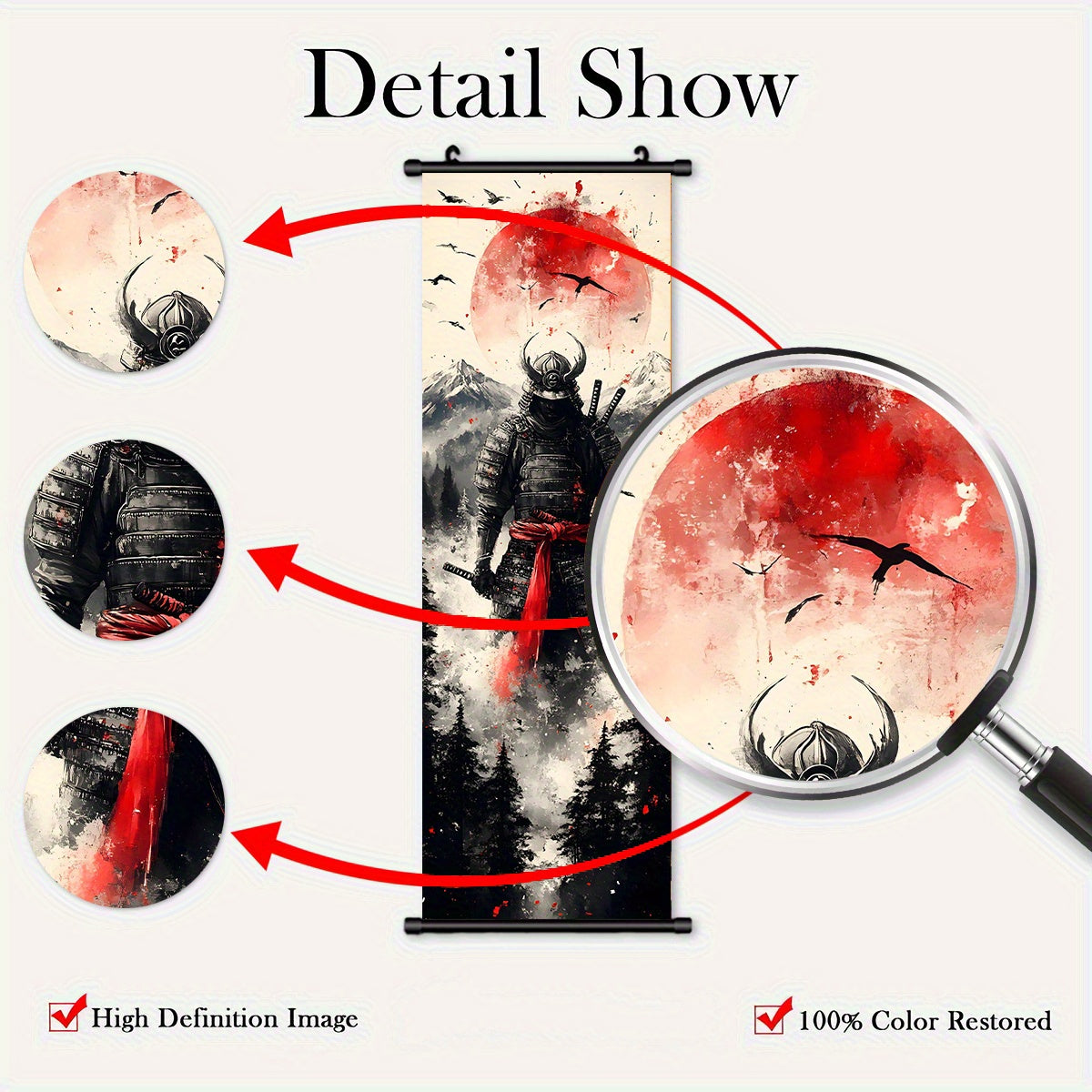 -5pcs Creative Canvas Hanging Scroll Art Set, Samurai Canvas Art, Splash Ink Samurai Landscape Print Canvas Wall Art Set for Bedroom, Office, Dormitory Decoration with Plastic Frame Hooks,  Office Decor, Classic Prints, Frame