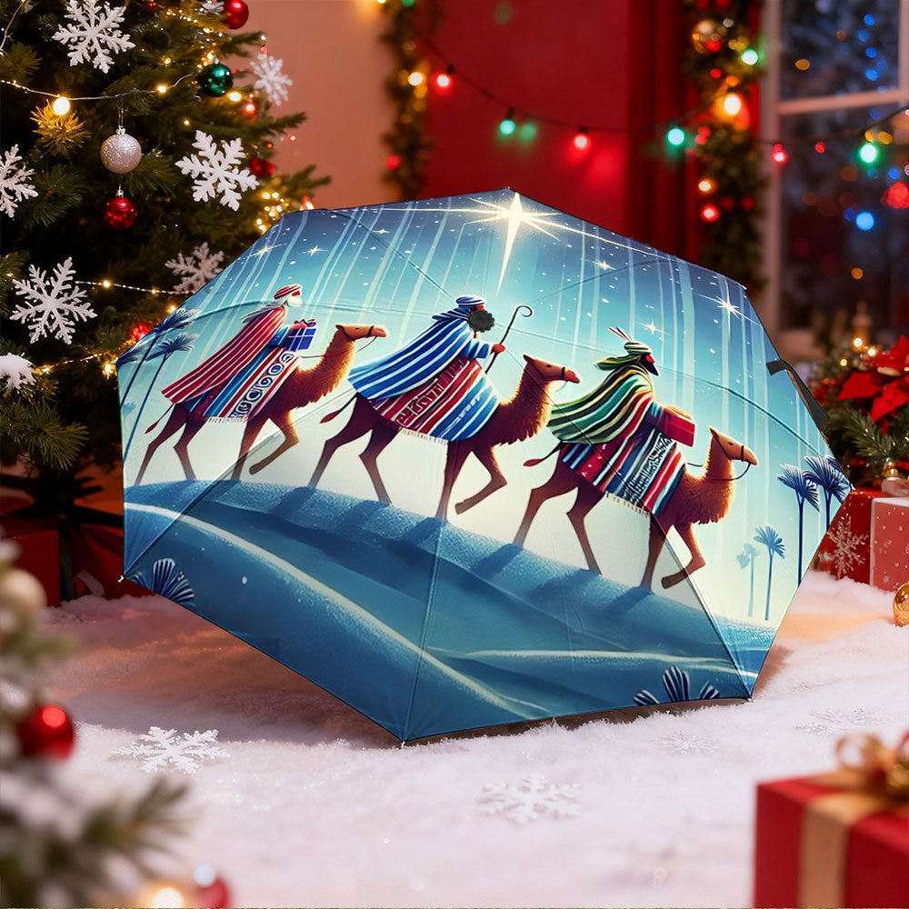 -Designed Folding Umbrella Featuring The Three Wise Men And Camels in a Starry Desert Landscape, Perfect As a Creative Portable Gift for Christmas And Other Festive Occasions.
