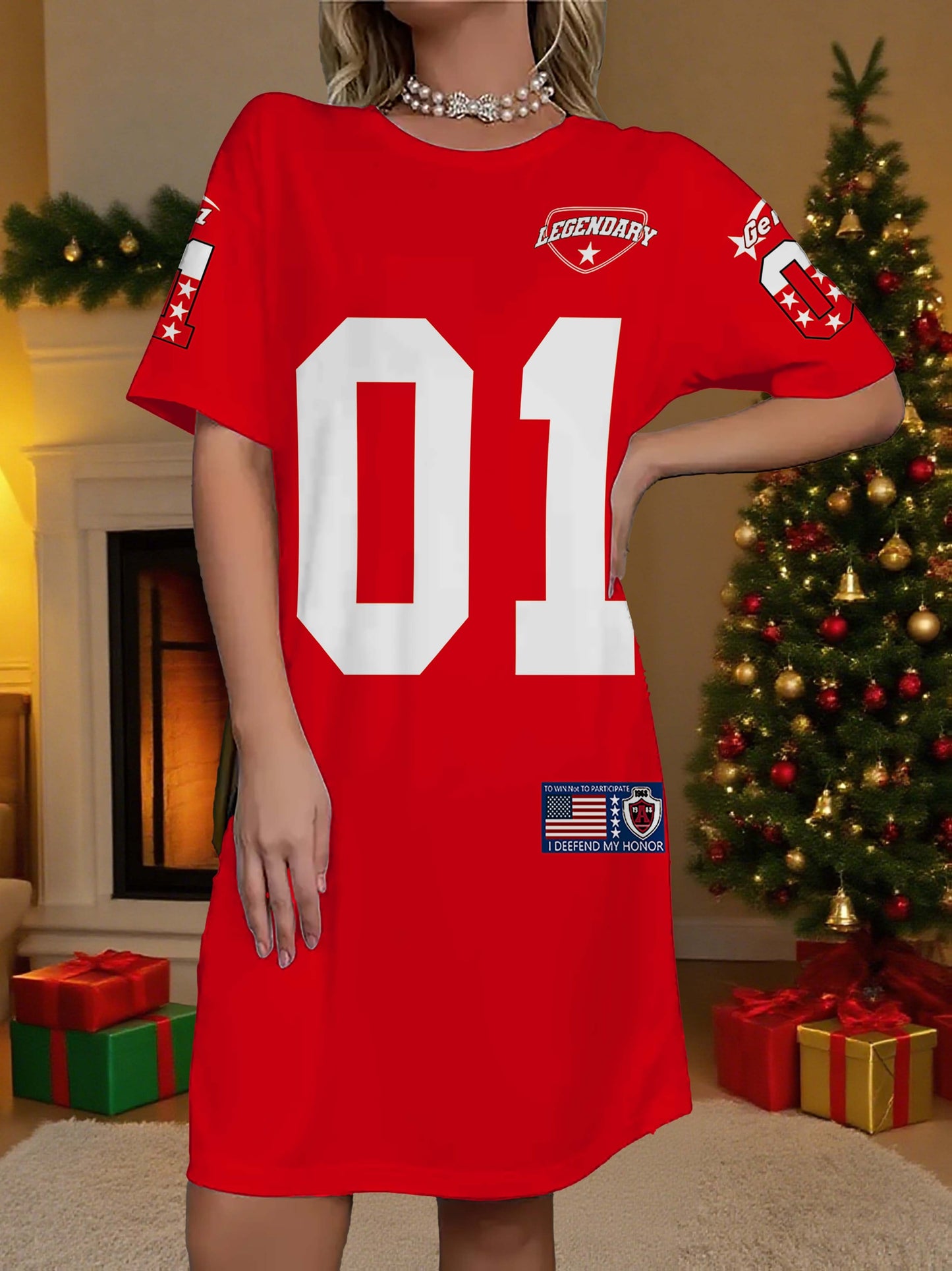 "01" Digital Print Long T-Shirt, Christmas Color Printed Mid-Length Nightgown, Versatile Sleepwear for Both Outdoor And Home Use.