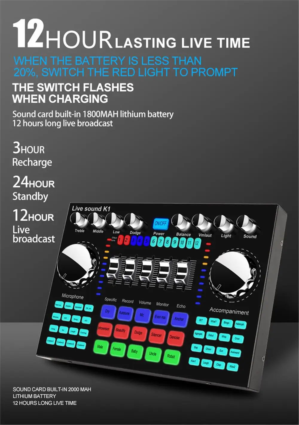 * K1 Live Sound Card Voice Changer Karaoke  Audio Mixer for Broadcast Recording KTV Music Audio Multifunctional Live Sound Card