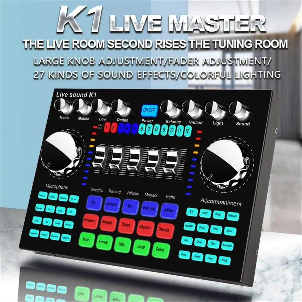 * K1 Live Sound Card Voice Changer Karaoke  Audio Mixer for Broadcast Recording KTV Music Audio Multifunctional Live Sound Card
