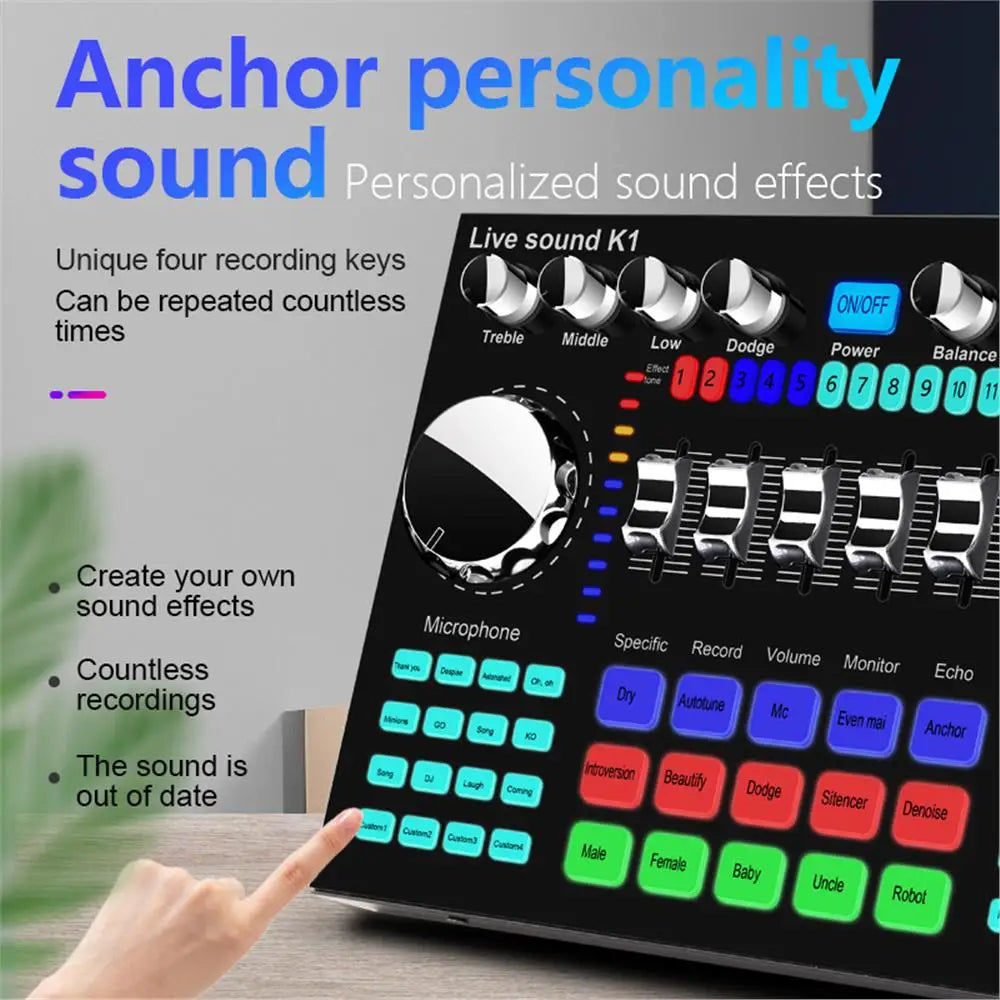 * K1 Live Sound Card Voice Changer Karaoke  Audio Mixer for Broadcast Recording KTV Music Audio Multifunctional Live Sound Card
