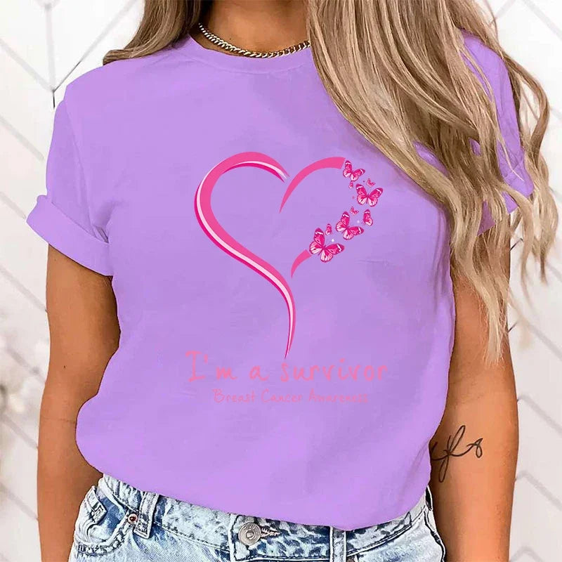 (High Quality Clothes)Breast Cancer Awareness I'M A Survivor Printed T-Shirts Women Short Sleeve Funny Round Neck Tee Shirt