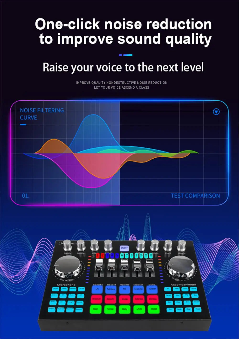 * K1 Live Sound Card Voice Changer Karaoke  Audio Mixer for Broadcast Recording KTV Music Audio Multifunctional Live Sound Card