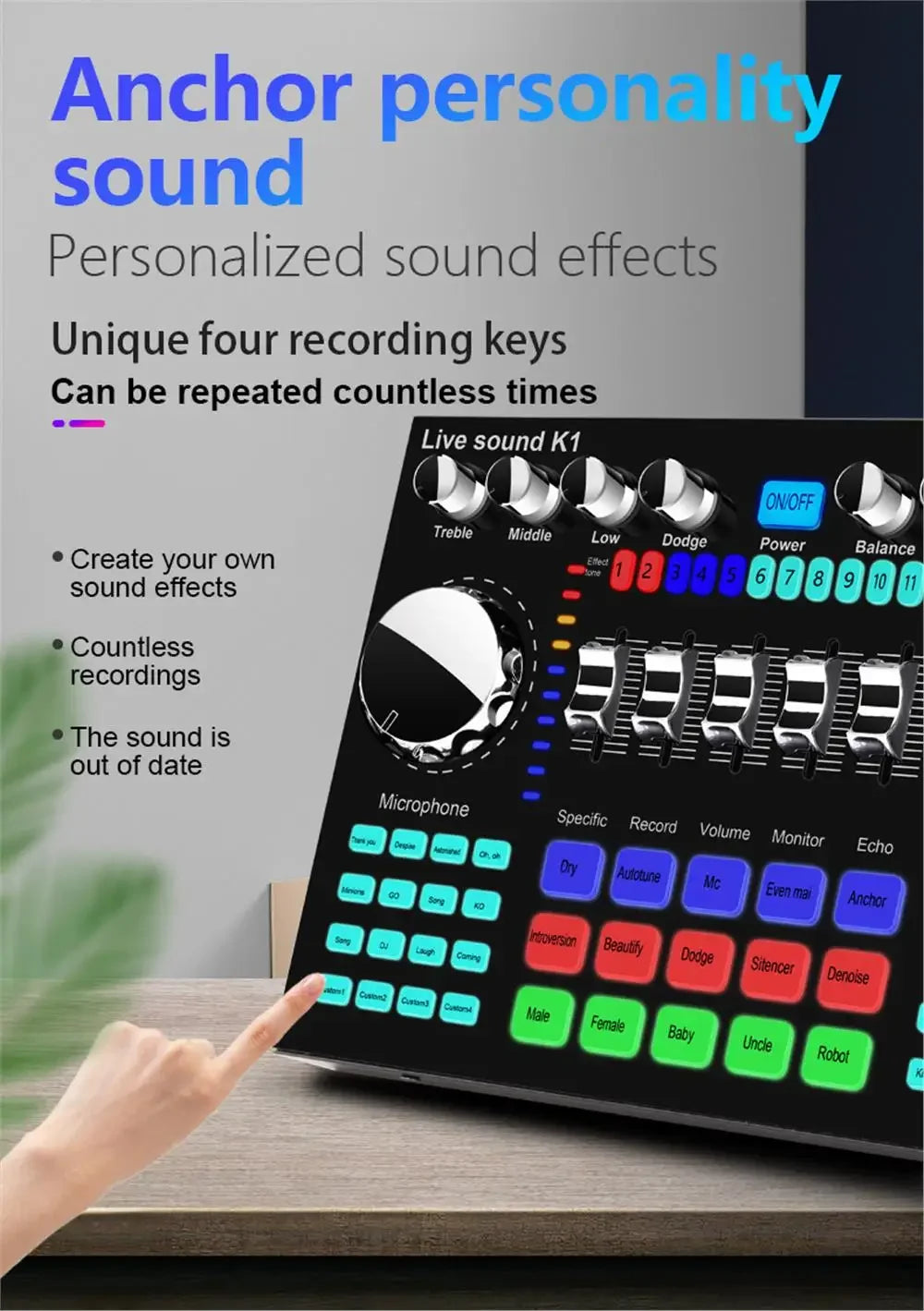 * K1 Live Sound Card Voice Changer Karaoke  Audio Mixer for Broadcast Recording KTV Music Audio Multifunctional Live Sound Card