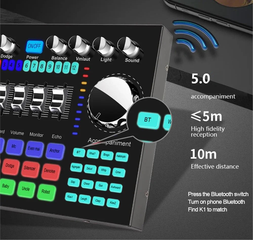 * K1 Live Sound Card Voice Changer Karaoke  Audio Mixer for Broadcast Recording KTV Music Audio Multifunctional Live Sound Card