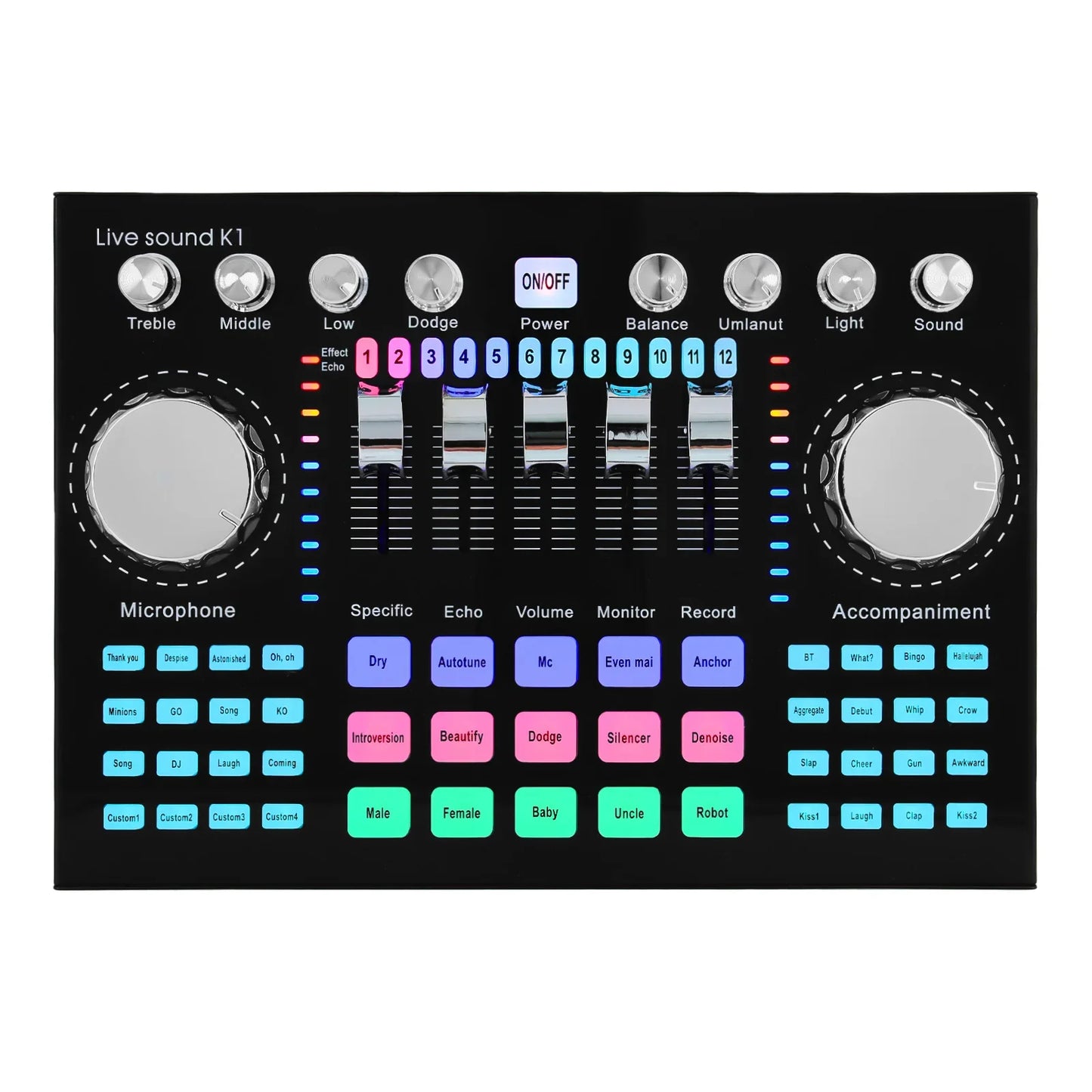 * K1 Live Sound Card Voice Changer Karaoke  Audio Mixer for Broadcast Recording KTV Music Audio Multifunctional Live Sound Card