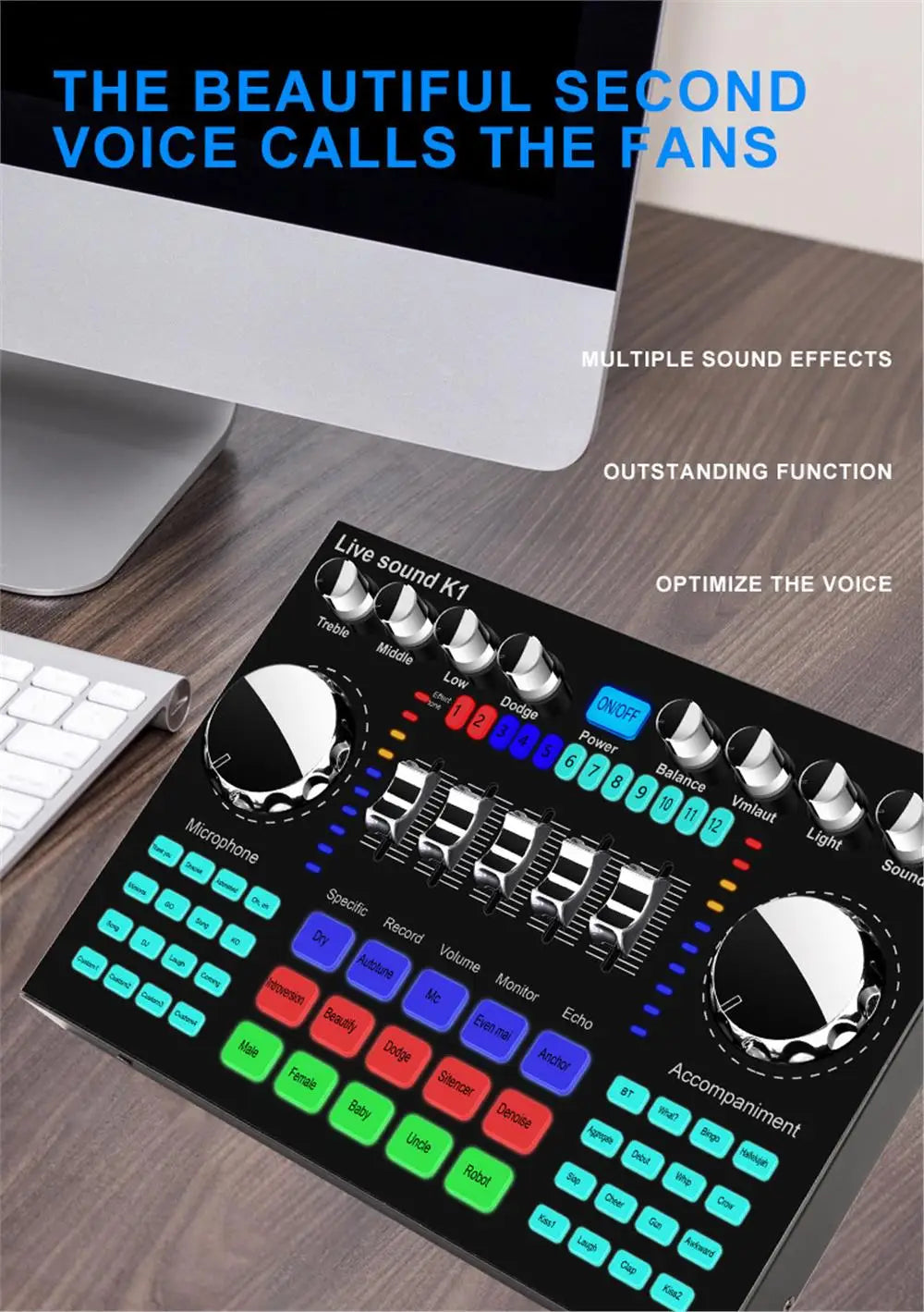 * K1 Live Sound Card Voice Changer Karaoke  Audio Mixer for Broadcast Recording KTV Music Audio Multifunctional Live Sound Card