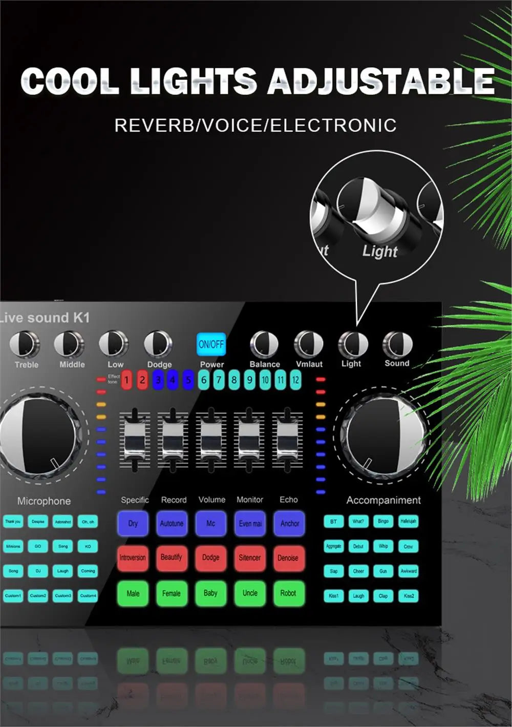 * K1 Live Sound Card Voice Changer Karaoke  Audio Mixer for Broadcast Recording KTV Music Audio Multifunctional Live Sound Card