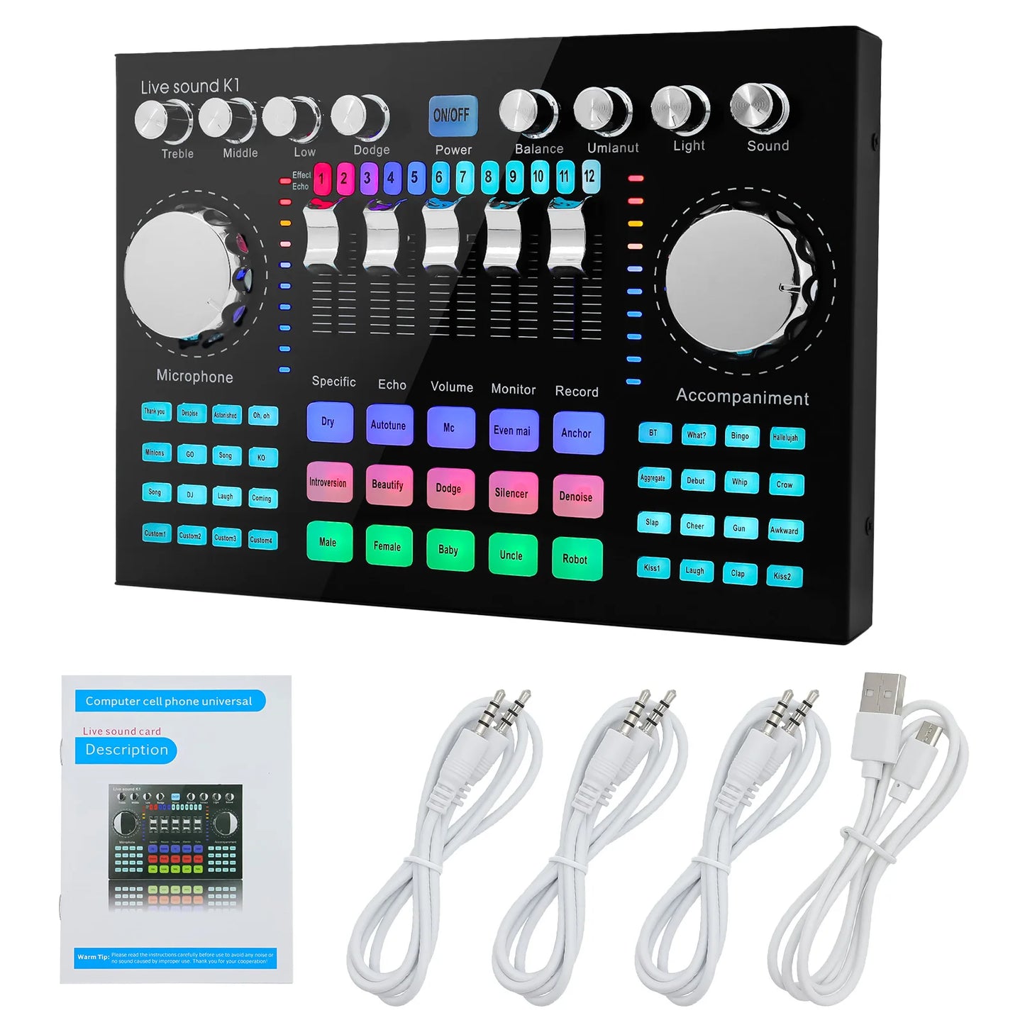 * K1 Live Sound Card Voice Changer Karaoke  Audio Mixer for Broadcast Recording KTV Music Audio Multifunctional Live Sound Card
