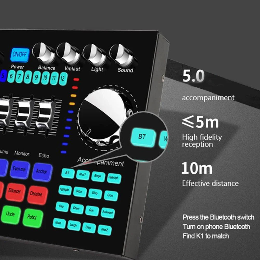 * K1 Live Sound Card Voice Changer Karaoke  Audio Mixer for Broadcast Recording KTV Music Audio Multifunctional Live Sound Card