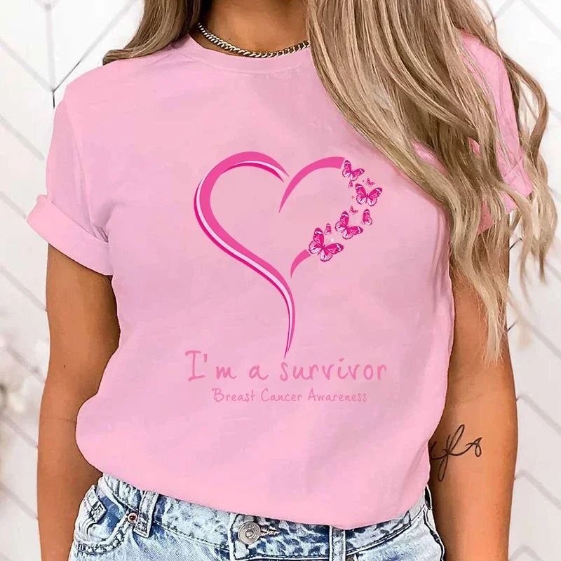(High Quality Clothes)Breast Cancer Awareness I'M A Survivor Printed T-Shirts Women Short Sleeve Funny Round Neck Tee Shirt