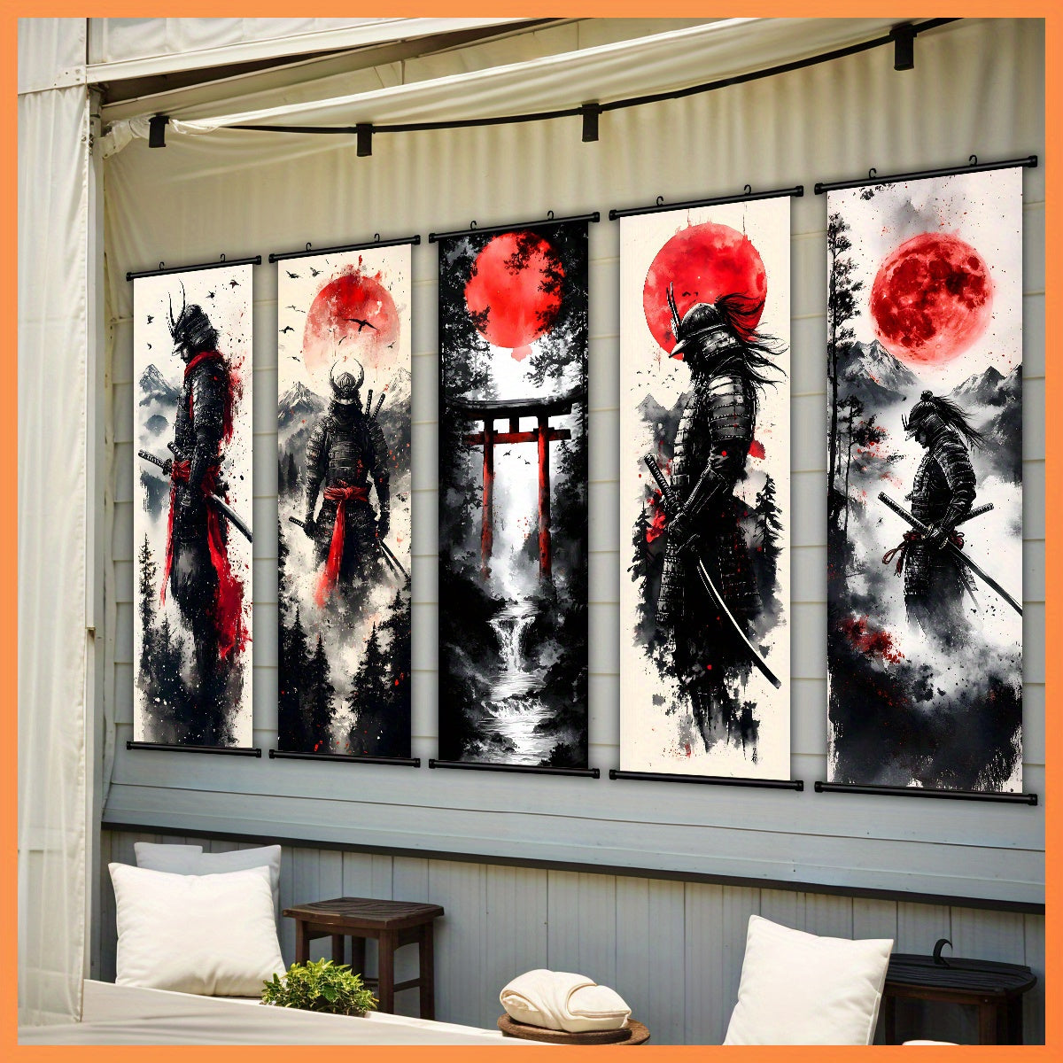 -5pcs Creative Canvas Hanging Scroll Art Set, Samurai Canvas Art, Splash Ink Samurai Landscape Print Canvas Wall Art Set for Bedroom, Office, Dormitory Decoration with Plastic Frame Hooks,  Office Decor, Classic Prints, Frame