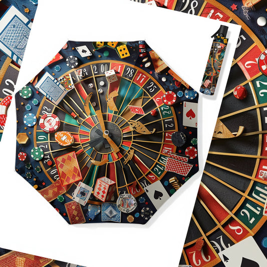 -Themed Poker & Roulette Umbrella with Poker & Card Symbols - Open/Close, 8-Rib Durable Frame, Portable Folding Umbrella for Poker Nights, Parties, Travel - Poker Chip Design  Accessory Gift for Men &