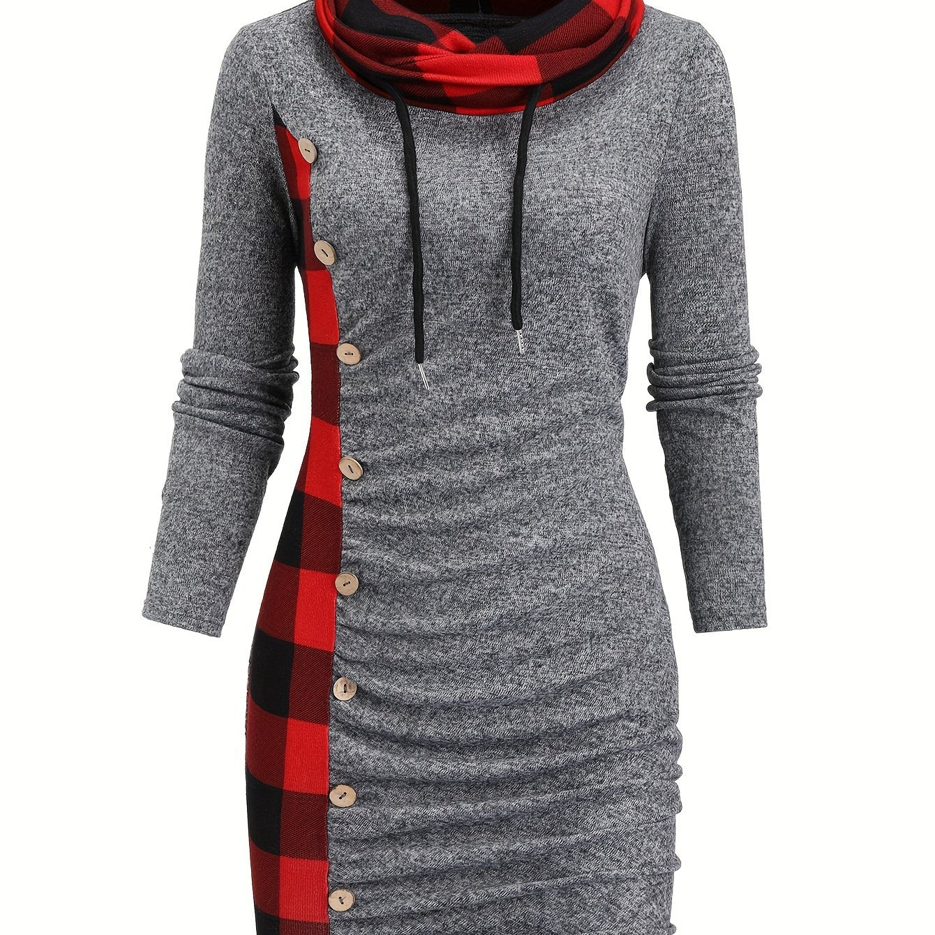-Designed Plaid Patchwork Gathered Long Sleeve Dress