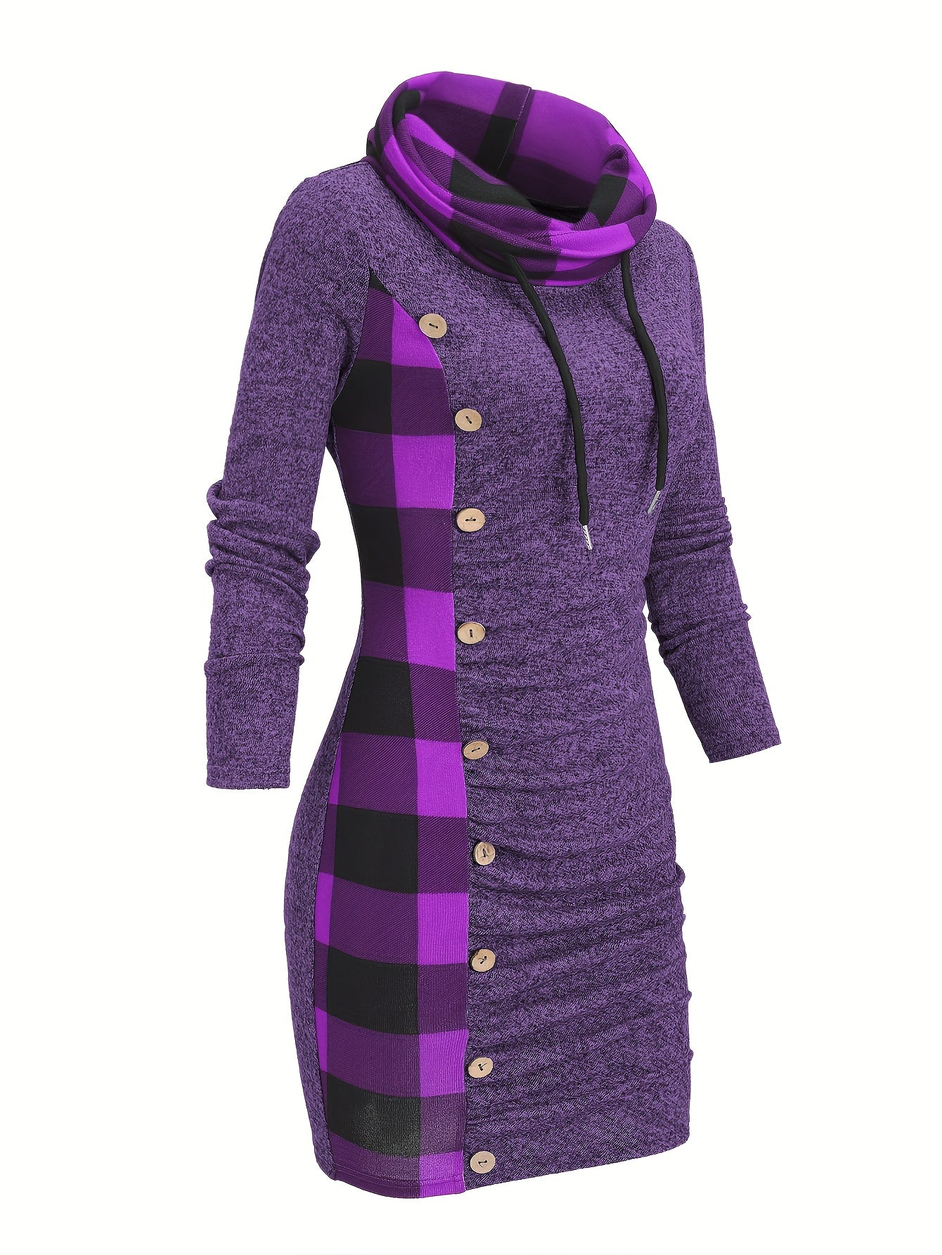 -Designed Plaid Patchwork Gathered Long Sleeve Dress