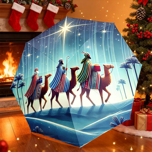 -Designed Folding Umbrella Featuring The Three Wise Men And Camels in a Starry Desert Landscape, Perfect As a Creative Portable Gift for Christmas And Other Festive Occasions.