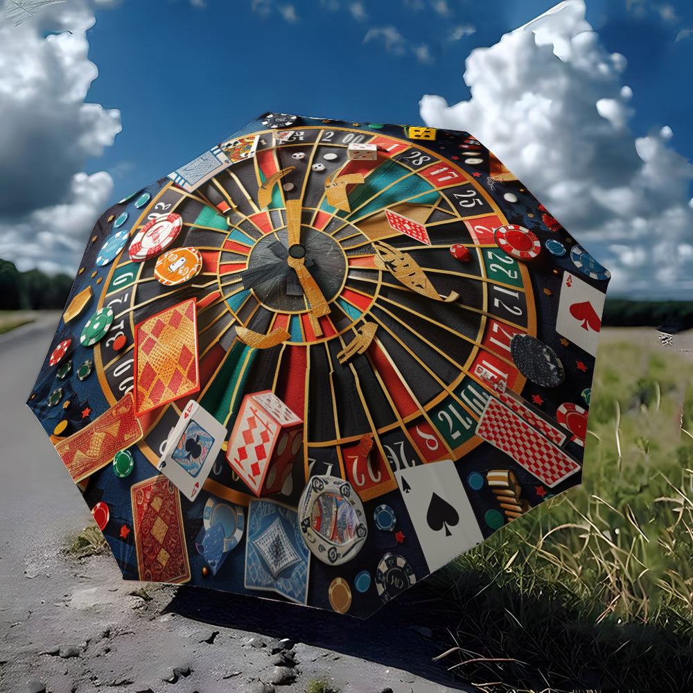 -Themed Poker & Roulette Umbrella with Poker & Card Symbols - Open/Close, 8-Rib Durable Frame, Portable Folding Umbrella for Poker Nights, Parties, Travel - Poker Chip Design  Accessory Gift for Men &