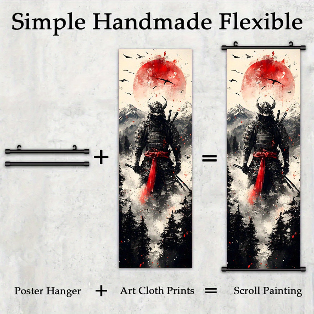 -5pcs Creative Canvas Hanging Scroll Art Set, Samurai Canvas Art, Splash Ink Samurai Landscape Print Canvas Wall Art Set for Bedroom, Office, Dormitory Decoration with Plastic Frame Hooks,  Office Decor, Classic Prints, Frame