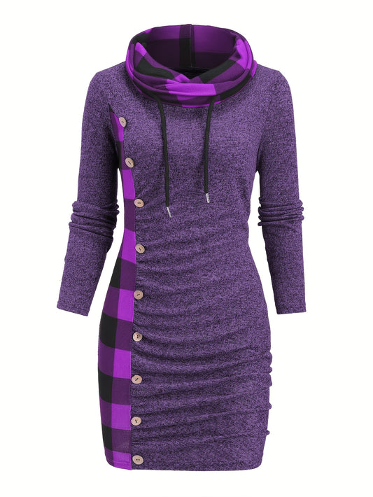 -Designed Plaid Patchwork Gathered Long Sleeve Dress