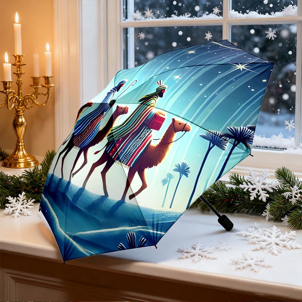 -Designed Folding Umbrella Featuring The Three Wise Men And Camels in a Starry Desert Landscape, Perfect As a Creative Portable Gift for Christmas And Other Festive Occasions.