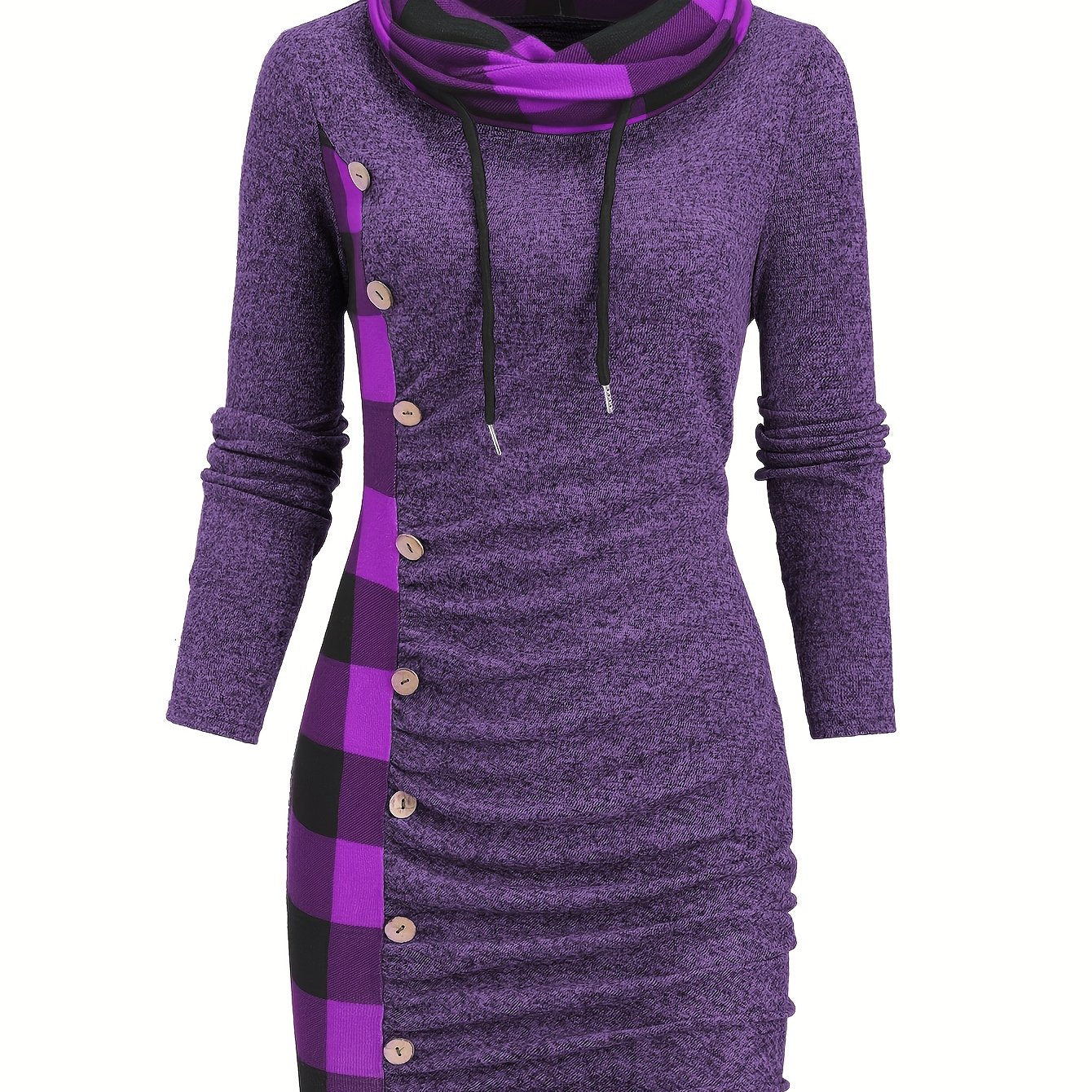 -Designed Plaid Patchwork Gathered Long Sleeve Dress